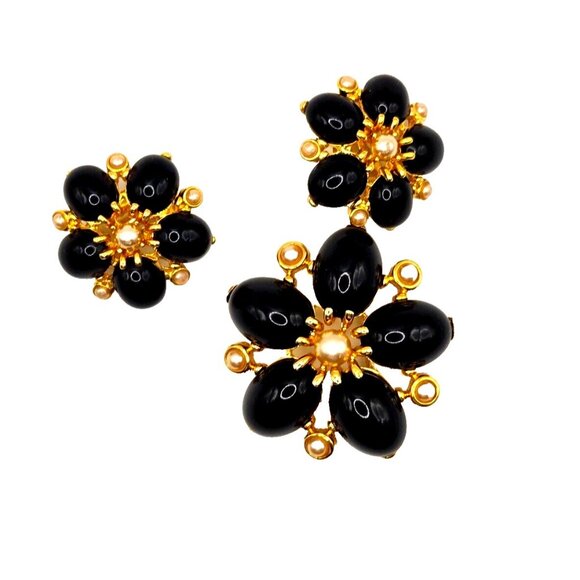 Joan Rivers Signed Vintage Brooch and Earrings Set Onyx + gold faux pearls - Picture 1 of 6